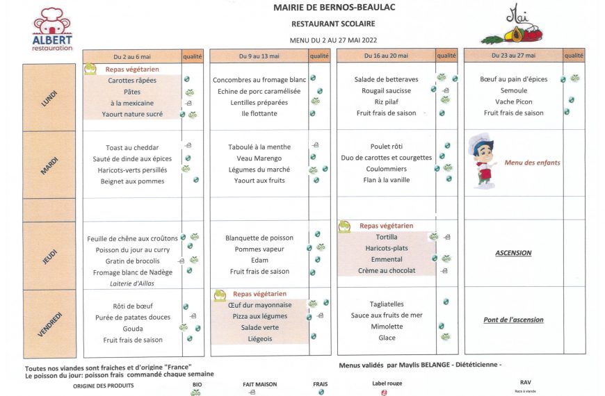 Menu du 05 mai au 30 mai 2025